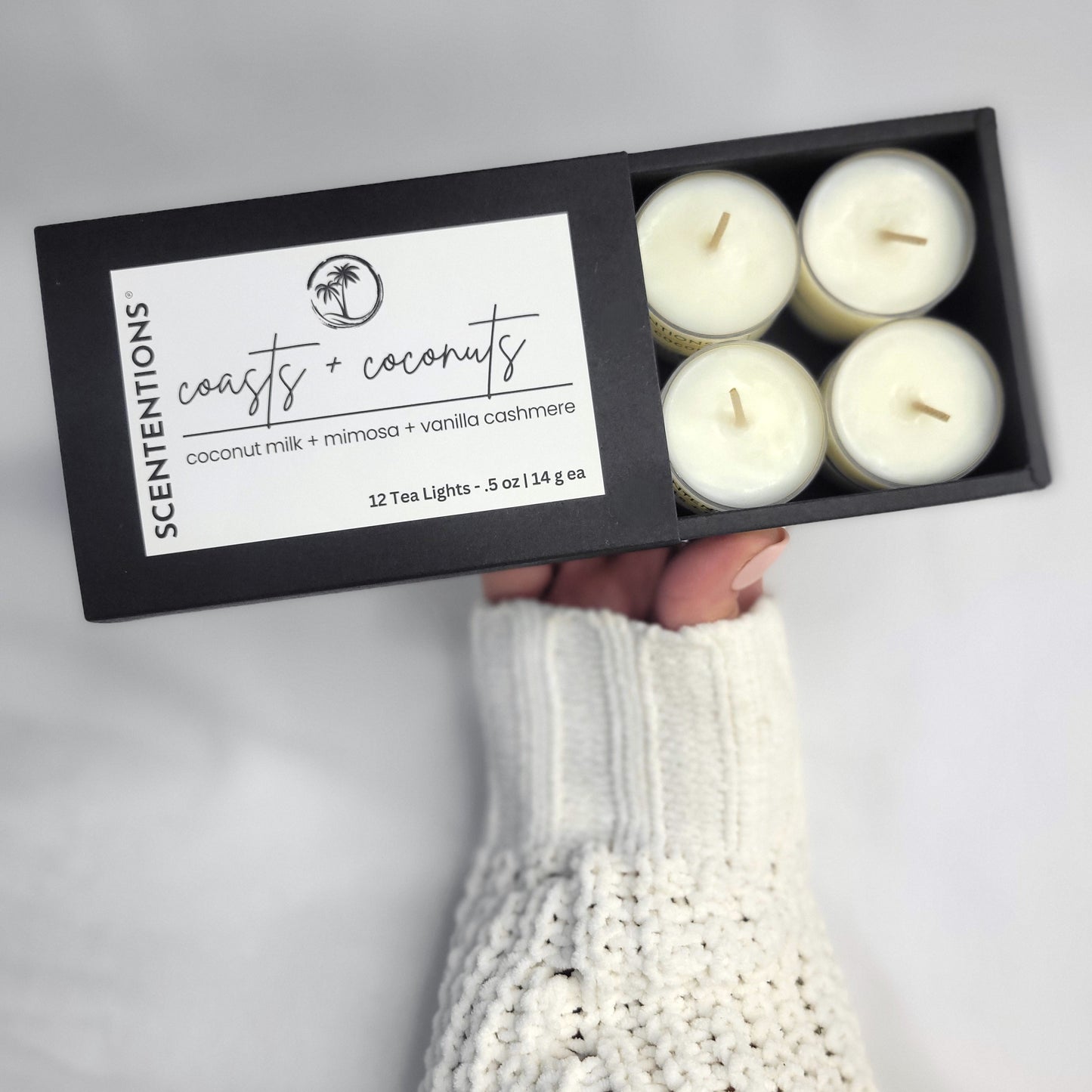 Coasts + Coconuts tea light set with coconut milk, mandarin, and vanilla scents styled for a tropical, calming vibe by scententions.