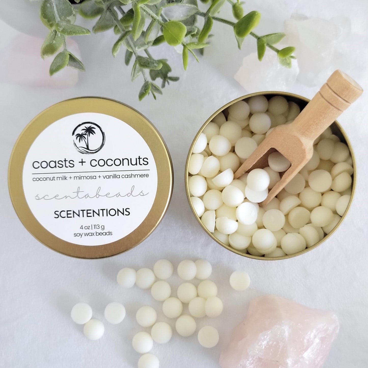Coasts + Coconuts wax melt beads in eco-friendly tin with sunlit tropical scent blend and scoop by Scententions.