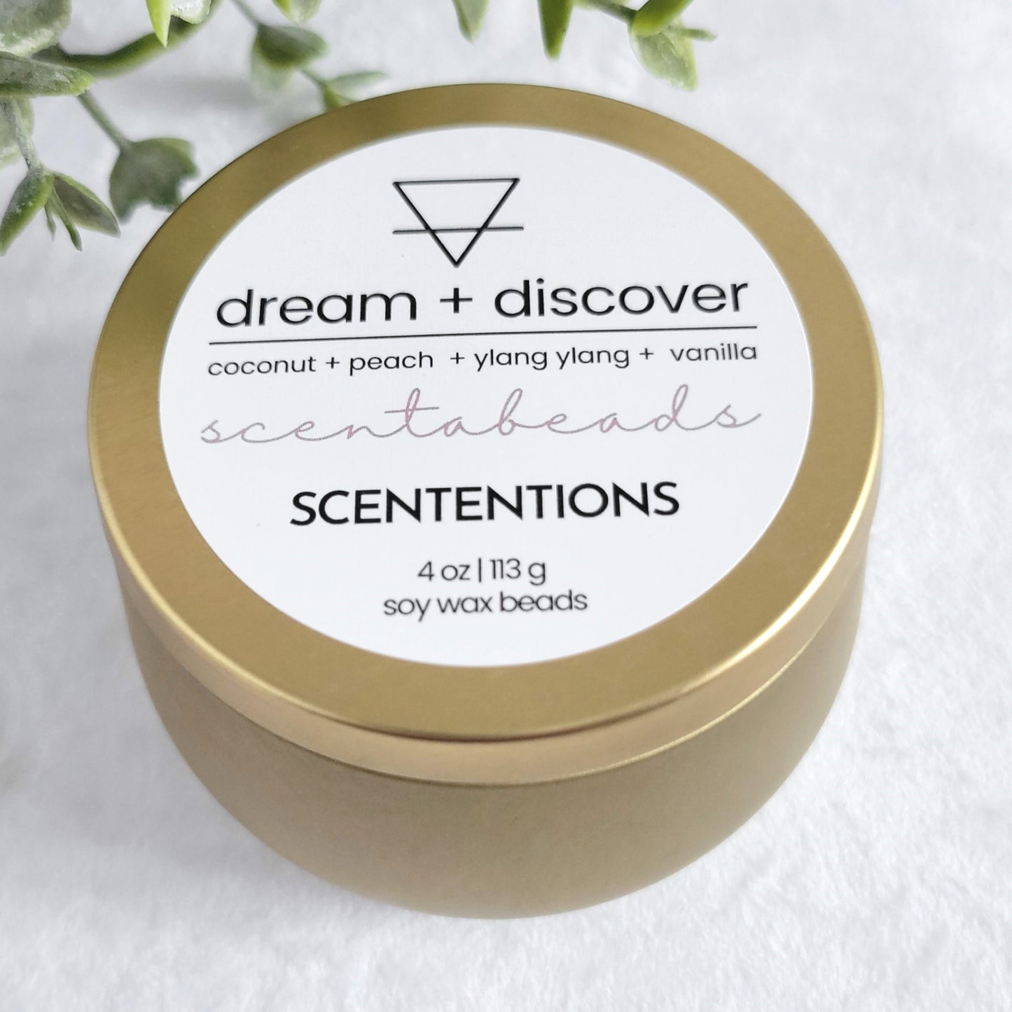 Dream + Discover wax melt beads in eco-conscious tin with a dreamy tropical floral scent and scoop