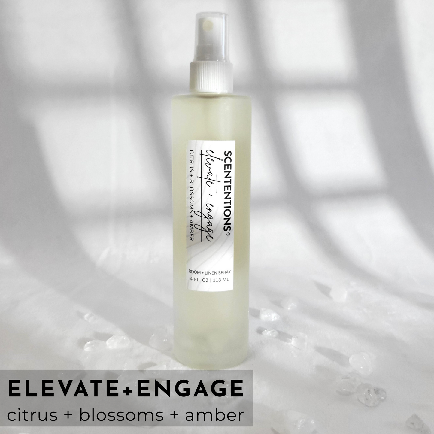 Elevate + Engage room spray with citrus, blossom, and amber notes, designed for uplifting energy by Scententions