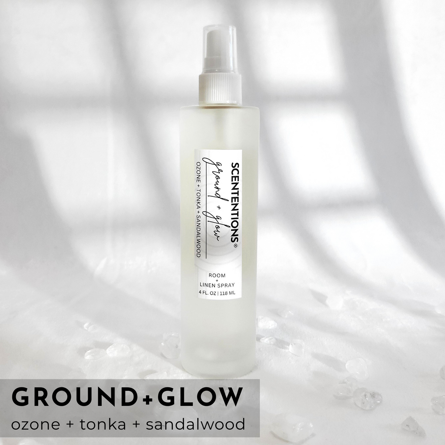 Ground + Glow organic room spray with Ozone, Tonka & Sandalwood for grounding and clarity by Scententions