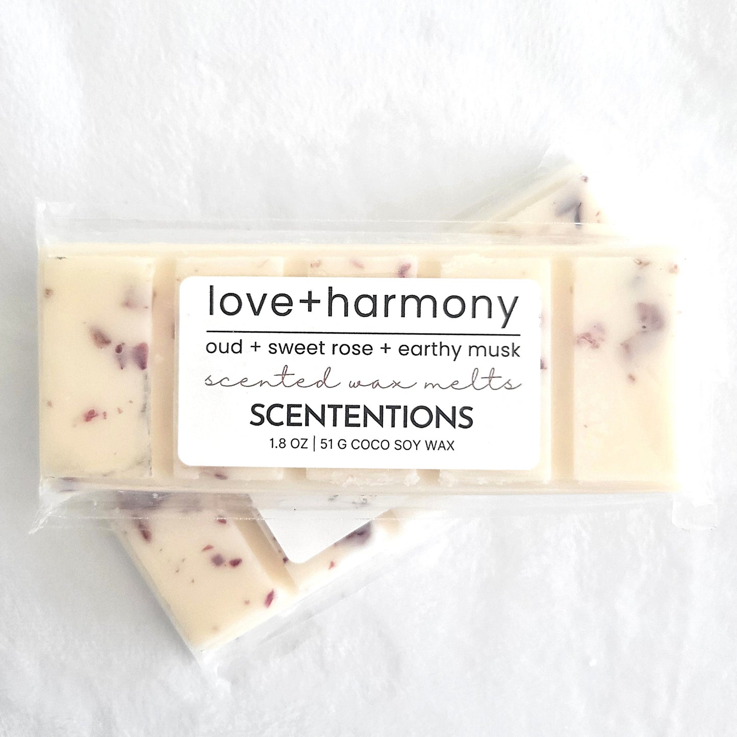 Love + Harmony coconut soy wax melt bar with real dried rose botanicals