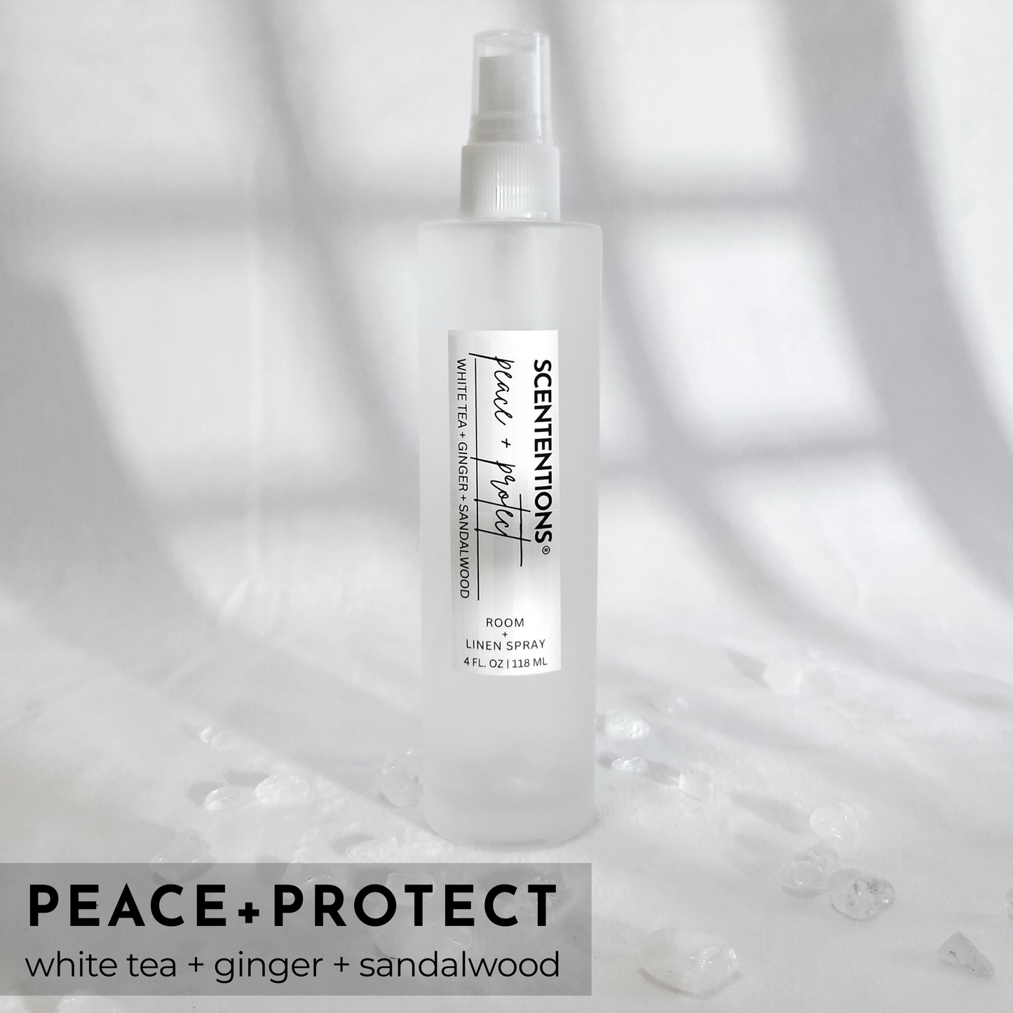 Peace + Protect room spray with white tea, ginger, and sandalwood notes for grounding and tranquility by Scententions