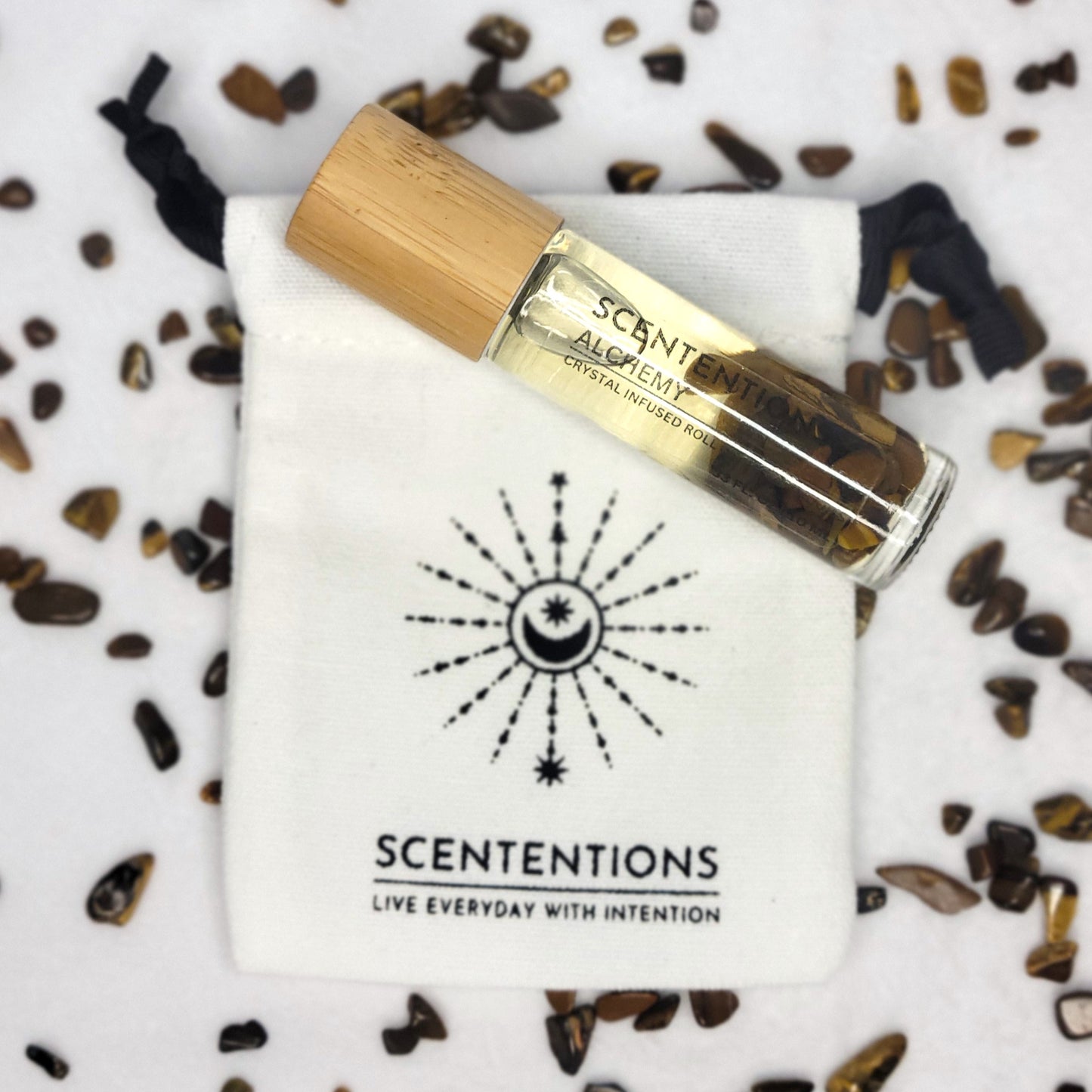 Alchemy crystal oil roll-on with bamboo lid and mini canvas storage bag