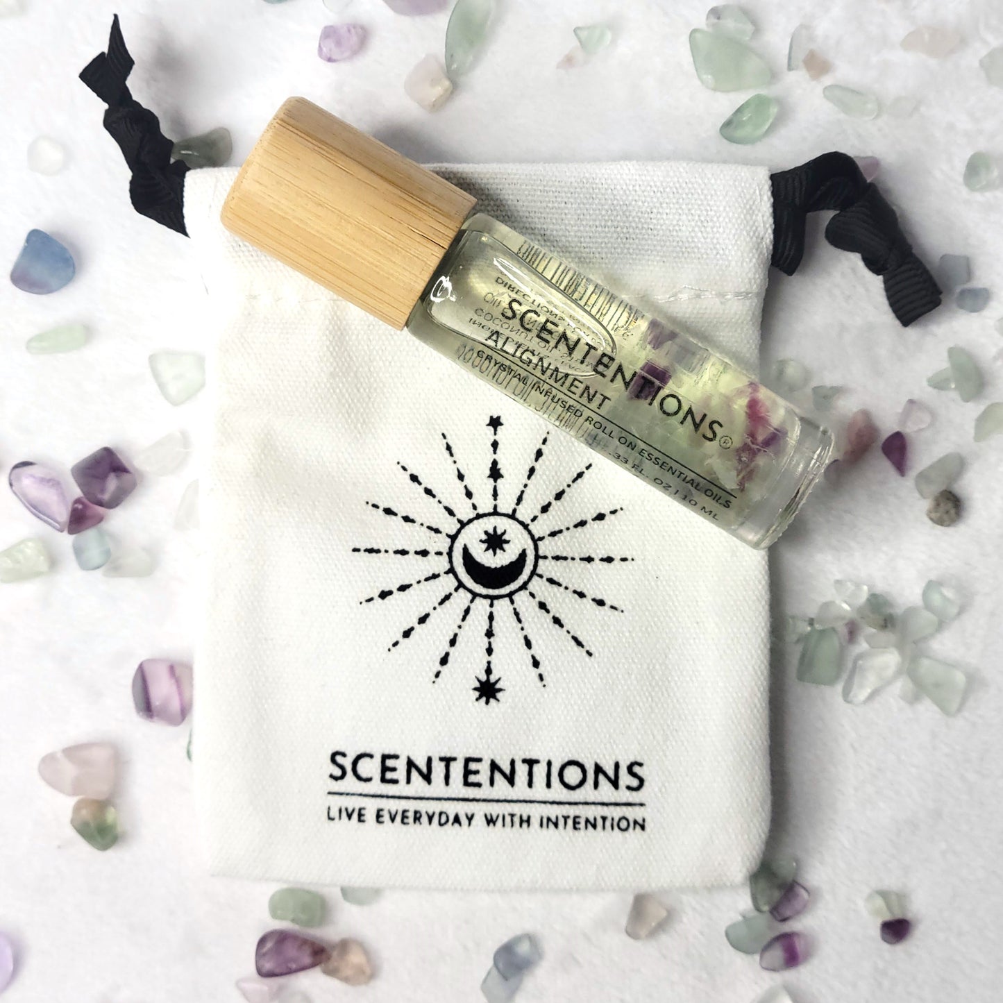 Alignment crystal oil roll-on with bamboo lid and mini canvas storage bag