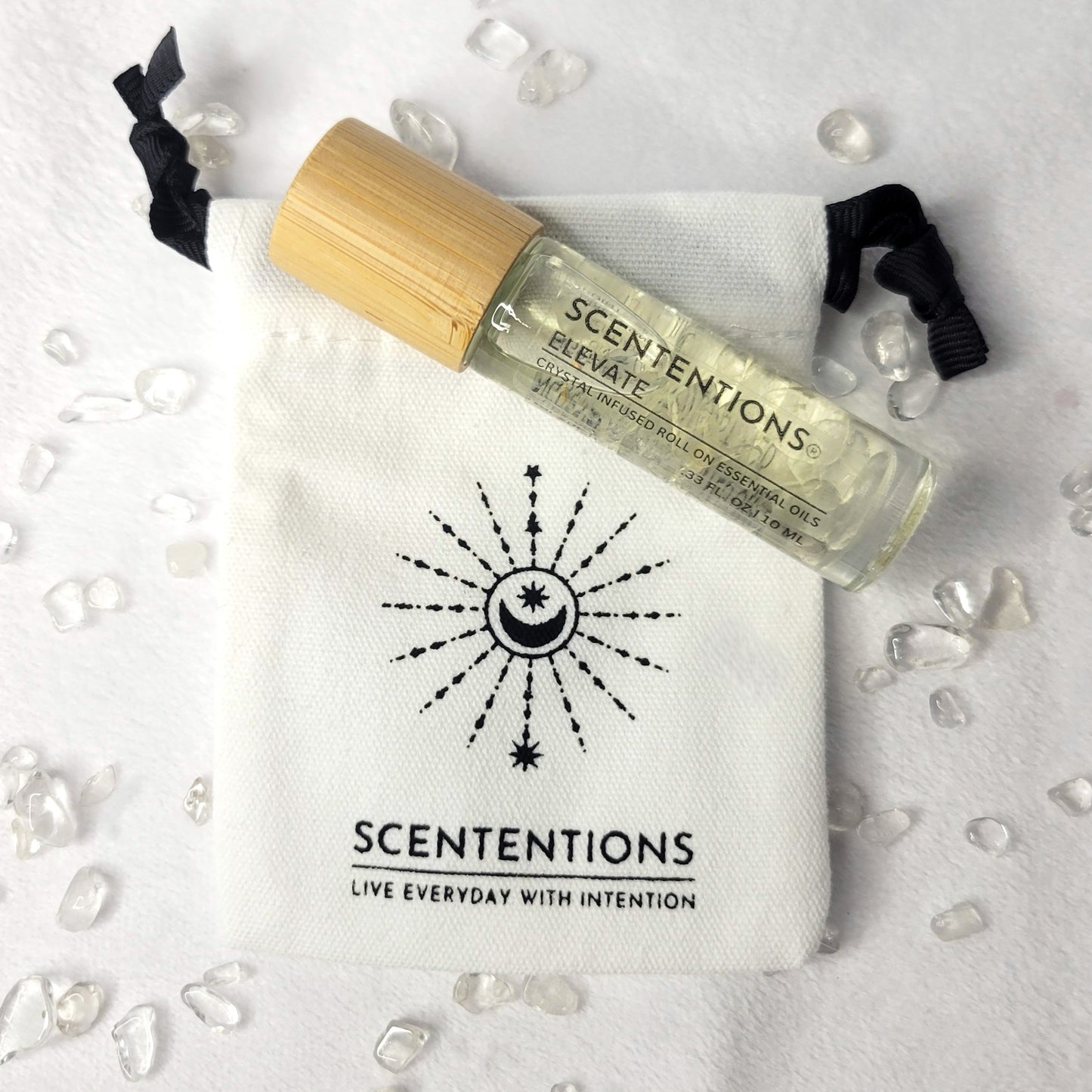 Elevate crystal oil roll-on with bamboo lid and mini canvas storage bag