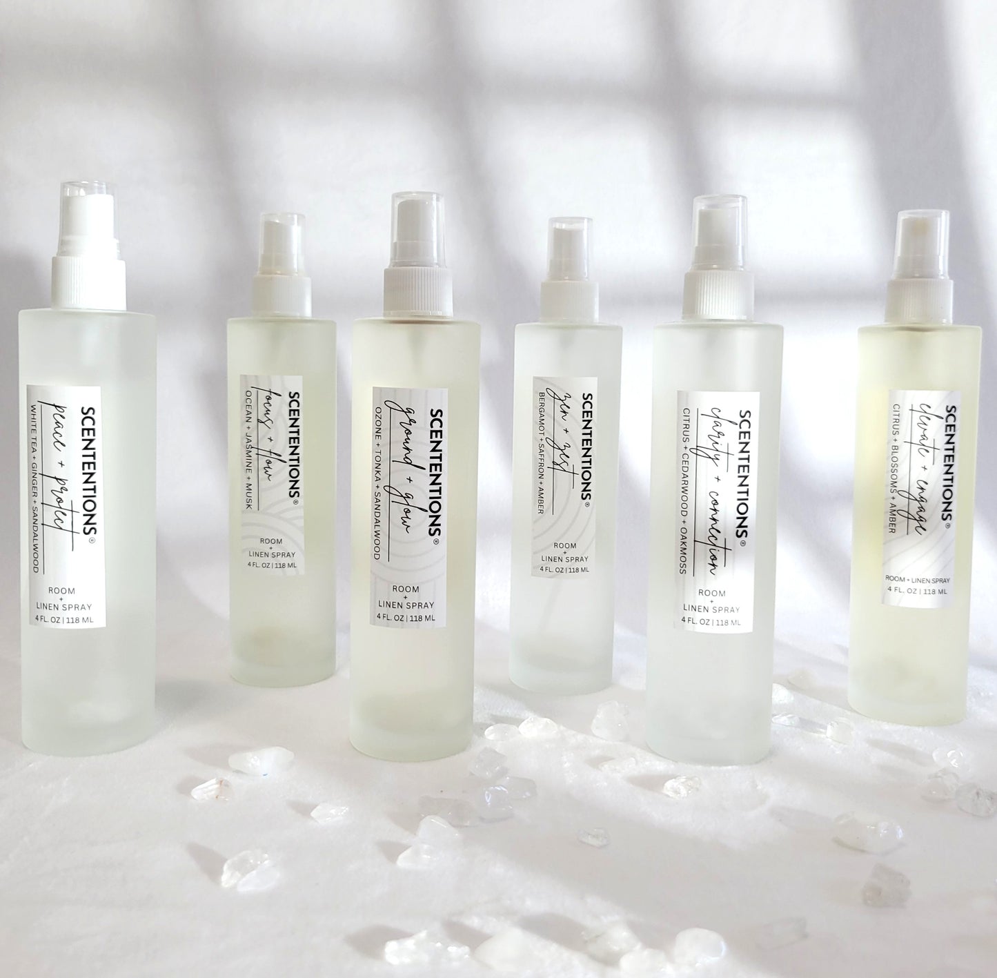 Crystal-infused Scententions organic room and linen sprays lineup