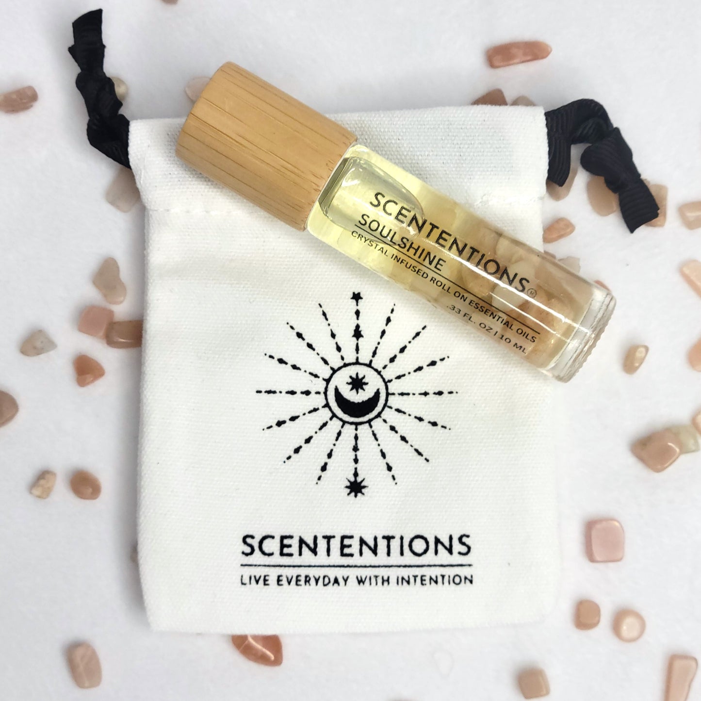 Soulshine crystal oil roll-on with bamboo lid and mini canvas storage bag