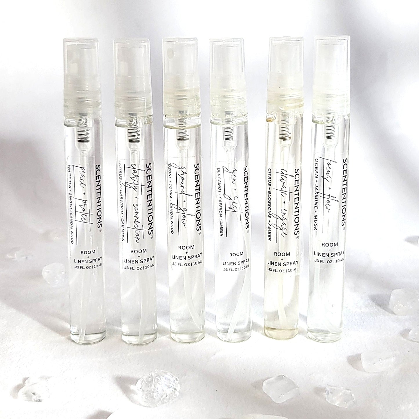 Set of organic travel size room and linen sprays for refreshing home and travel scents by Scententions