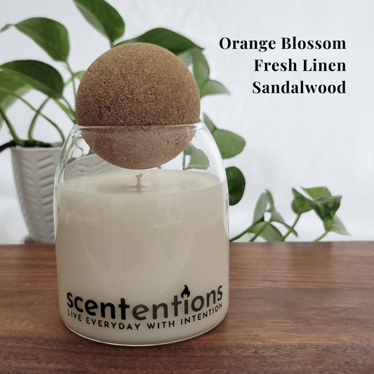 Cleanse + Connect Signature Candle with orange blossom, fresh linen, and sandalwood, made with organic coconut wax by Scententions.