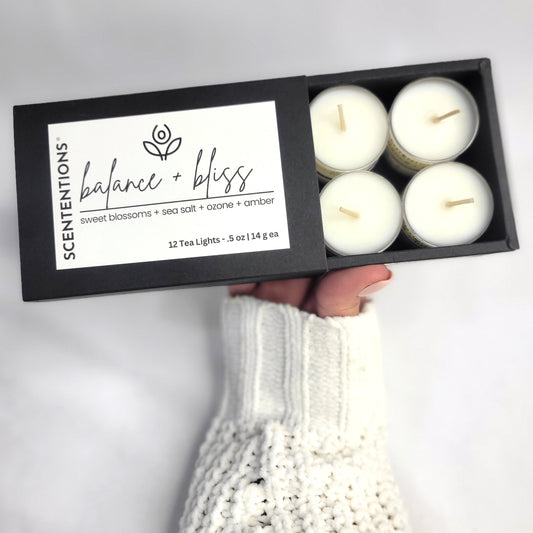 Balance + Bliss tea light set featuring 12 clean-burning coconut wax tea lights