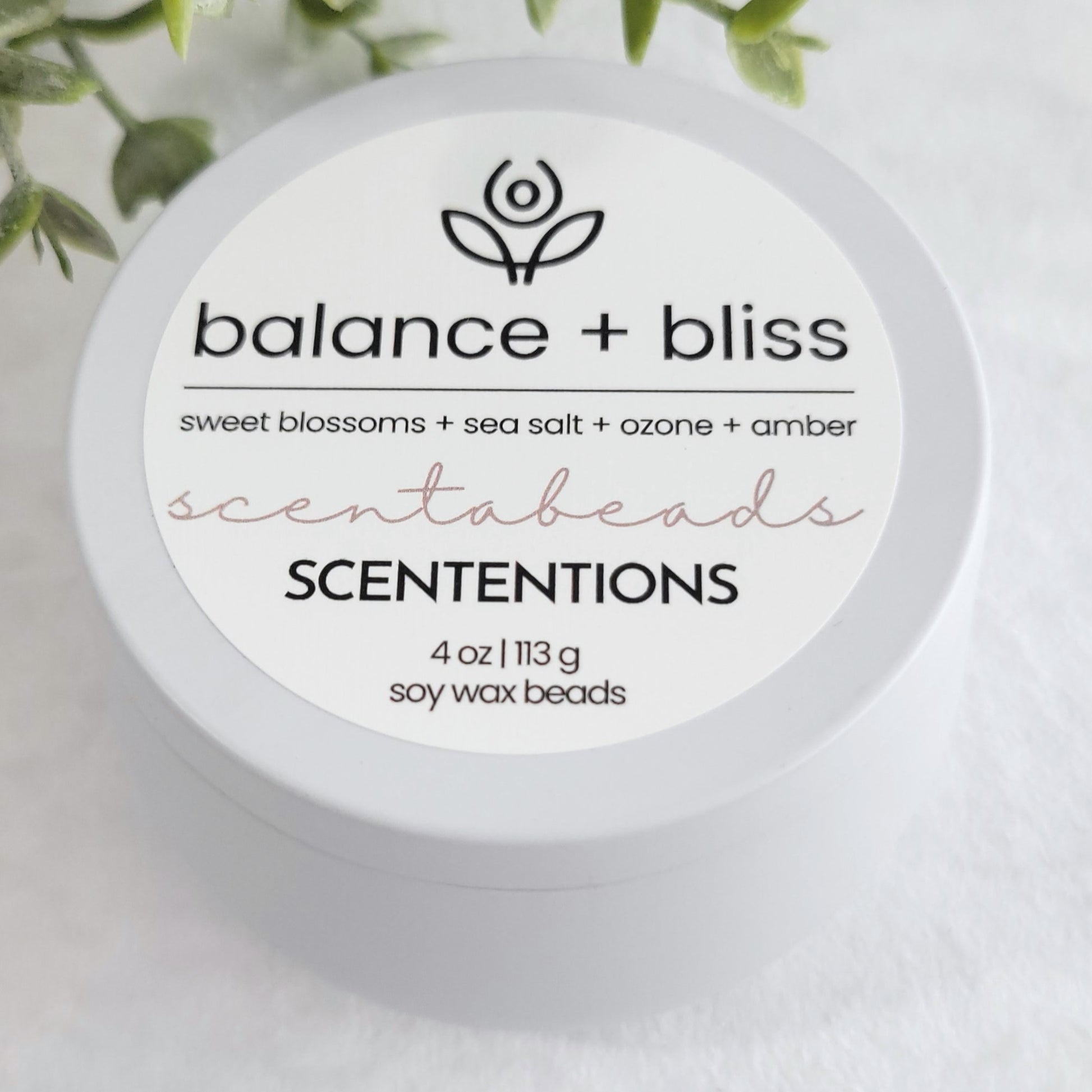 Balance + Bliss soy wax melt beads with Ozone, Sea Salt, and Amber for tranquil aromatherapy
