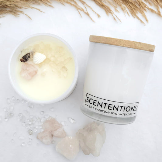 Coasts + Coconuts candle with coconut milk, mandarin, honey mimosa, and vanilla cashmere scent in organic coconut wax by Scententions
