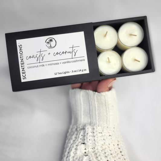 Coasts + Coconuts tea light set with coconut milk, mandarin, and vanilla scents styled for a tropical, calming vibe by scententions.