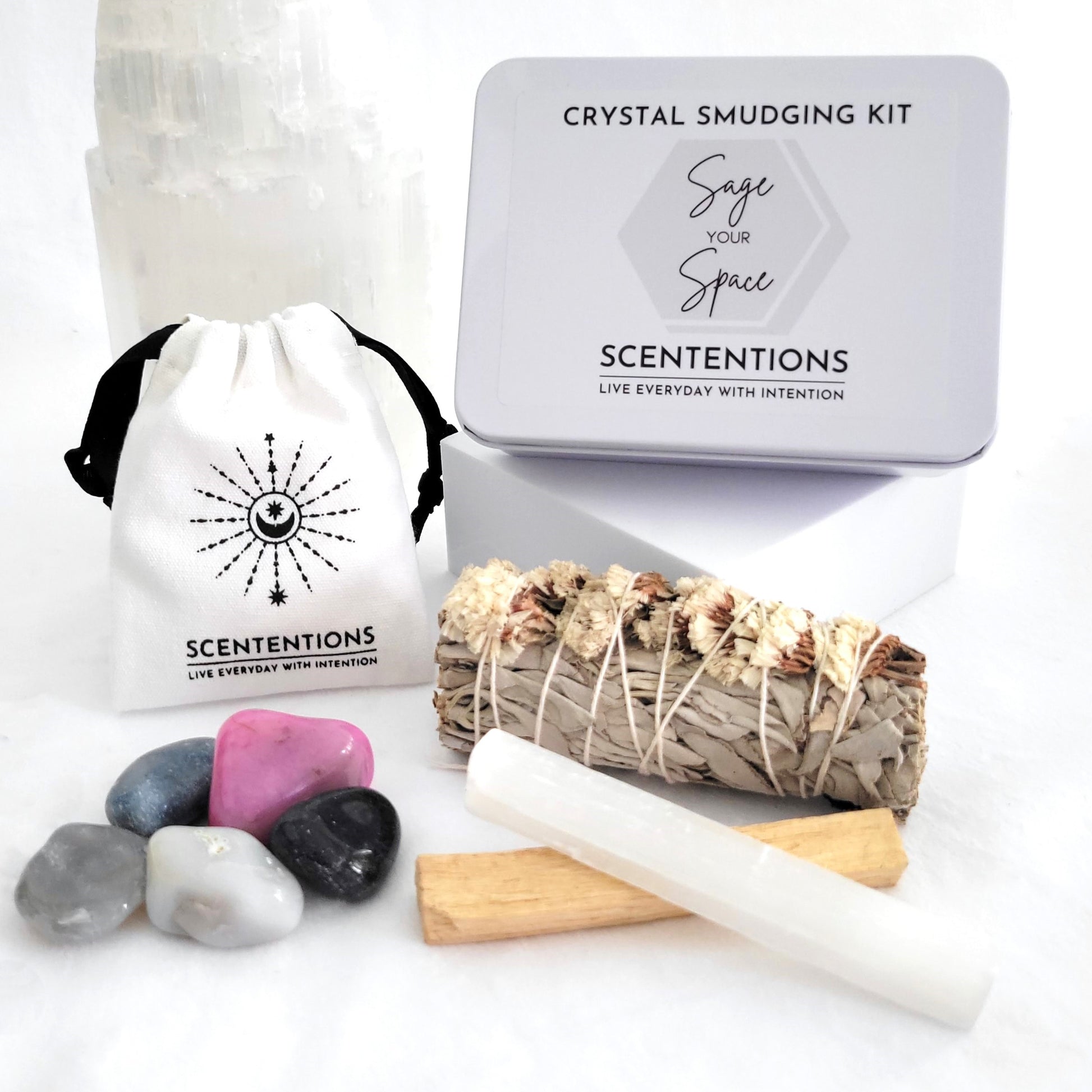 Canvas bag with crystal smudging kit essentials including sage, Palo Santo, and selenite by Scententions
