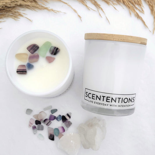Dream + Discover candle with coconut, peach, ylang-ylang, and vanilla scent in clean-burning coconut wax by Scententions