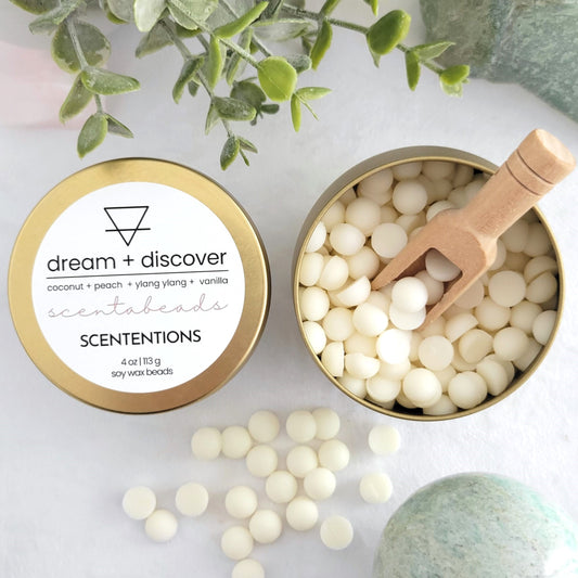 Dream + Discover soy wax melt beads with Coconut, Peach, and Vanilla for uplifting aromatherapy by Scententions