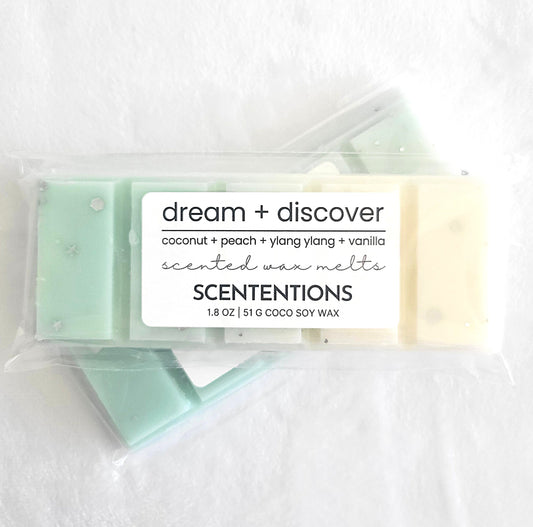 Dream + Discover coconut soy wax melt bar with biodegradable glitter 

