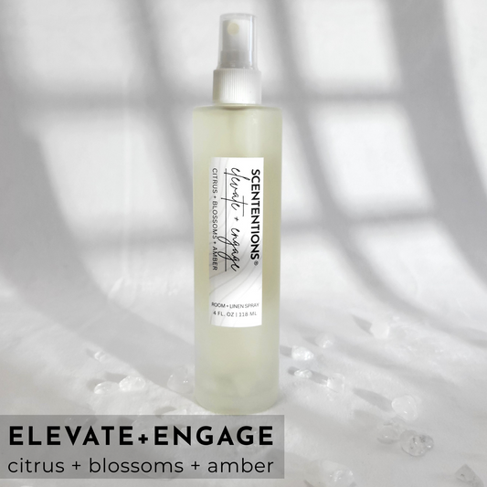 Elevate + Engage room spray with citrus, blossom, and amber notes, designed for uplifting energy by Scententions