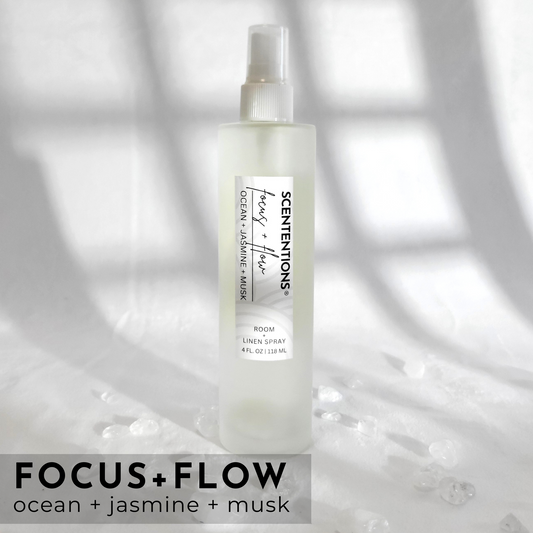 Focus + Flow room spray with ocean, jasmine, and musk notes for mental clarity and calm by Scententions