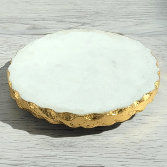 Gold rim white marble candle coaster