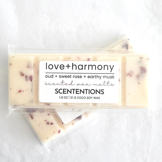 Love + Harmony coconut soy wax melt bar with real dried rose botanicals