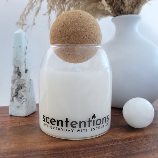 Mindful + Meditation candle with organic coconut wax scented with Bergamot, Amber, Frankincense, Myrrh, and Oud. Grounding candle promoting mindfulness and calm by Scententions.