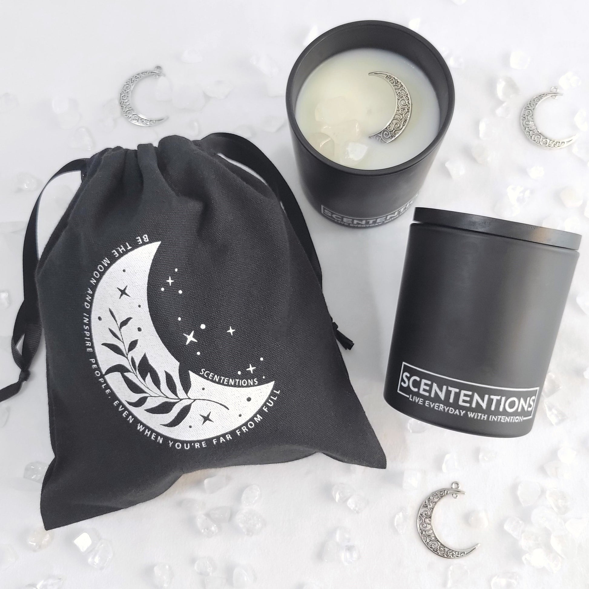 Moon Collection candle packaged in reusable canvas tote for eco-friendly storage and gifting