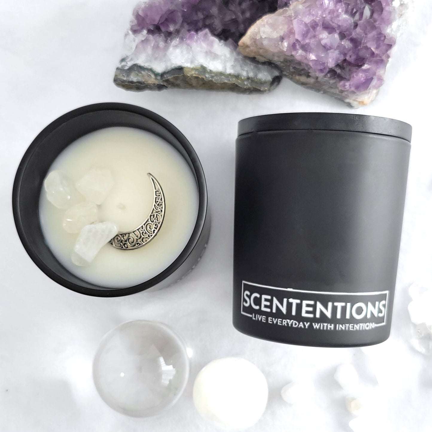 Moon + Flower candle with sweet agave, marine blossoms, dark musk, and amber scent in organic coconut wax by Scententions