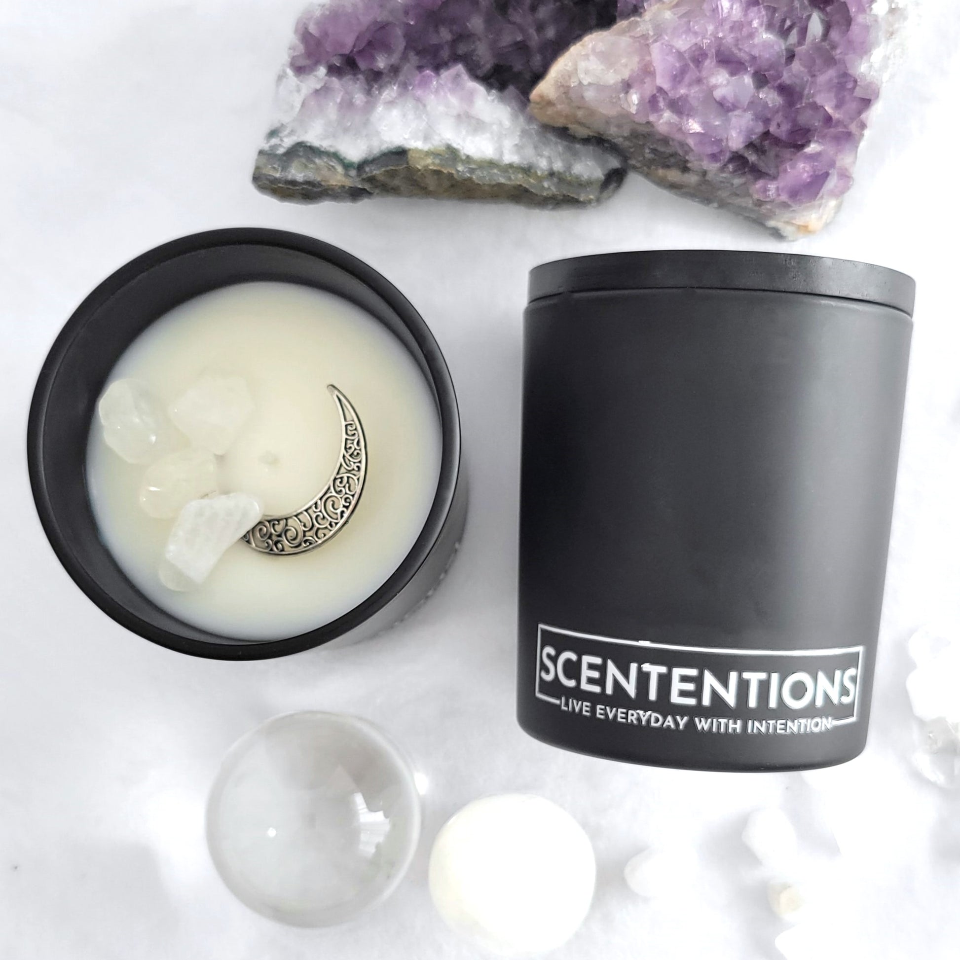 Moon + Flower candle with sweet agave, marine blossoms, dark musk, and amber scent in organic coconut wax by Scententions