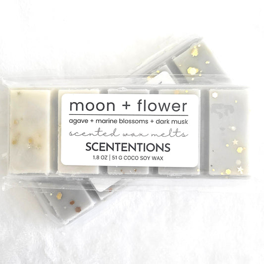 Moon + Flower organic coconut soy wax melt with floral scent, shown with biodegradable glitter