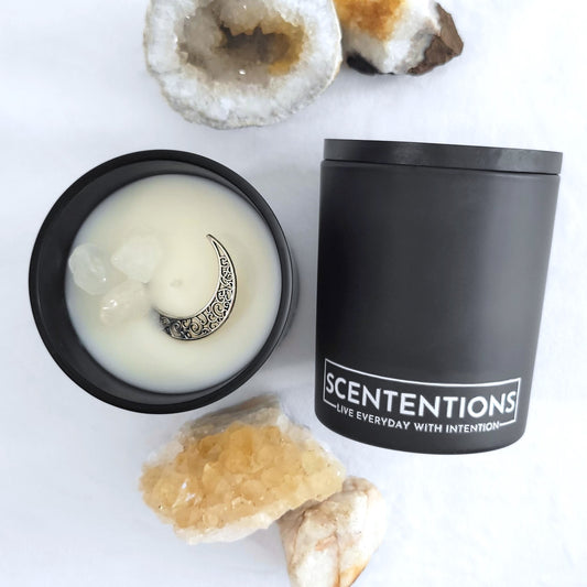 Moon + Quake candle with vanilla bourbon, cedarwood, and amber scent in organic coconut wax by Scententions