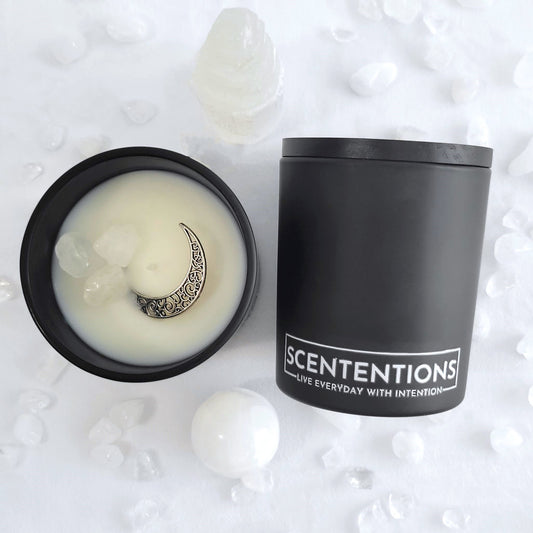 Moon + Spirit candle with ozone, sea salt, eucalyptus, and sandalwood scent in organic coconut wax by Scententions.