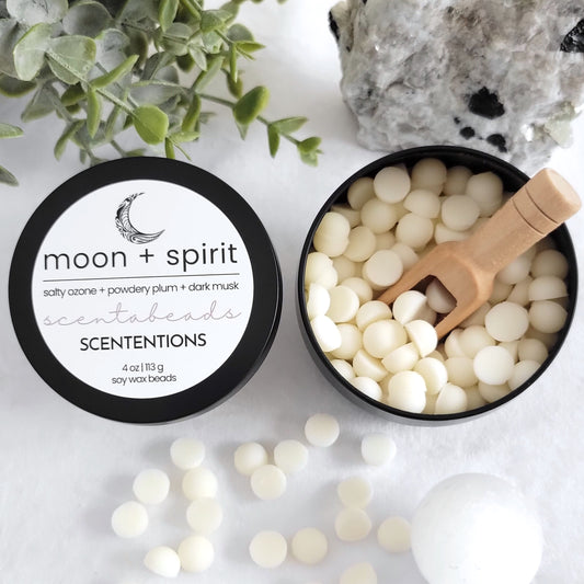 Moon + Spirit soy wax melt beads with Ozone, Sea Salt, and Sandalwood for tranquil lunar-inspired aromatherapy by Scententions.
