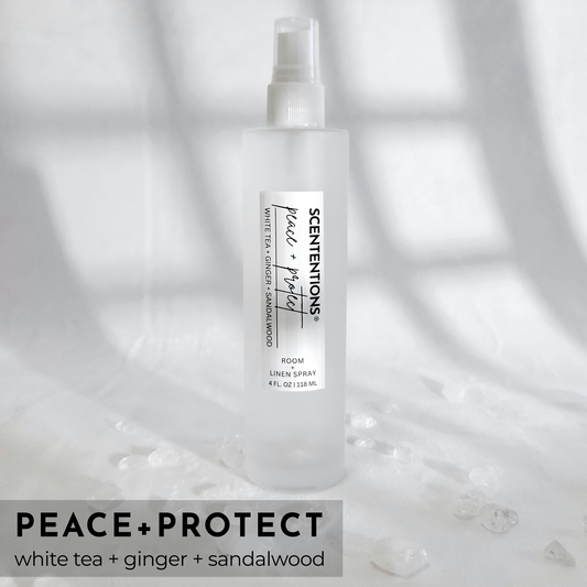 Peace + Protect room spray with white tea, ginger, and sandalwood notes for grounding and tranquility by Scententions