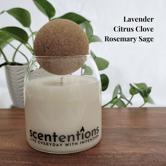 Relax + Reset Signature Candle with lavender, citrus clove, and rosemary sage, made with organic coconut wax by Scententions.