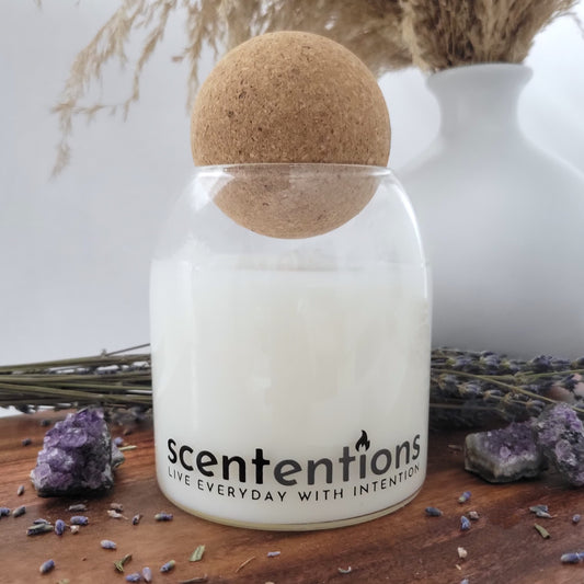 Relax + Reset candle front view made with organic coconut wax, lavender, citrus, rosemary, and sage scent — by Scententions