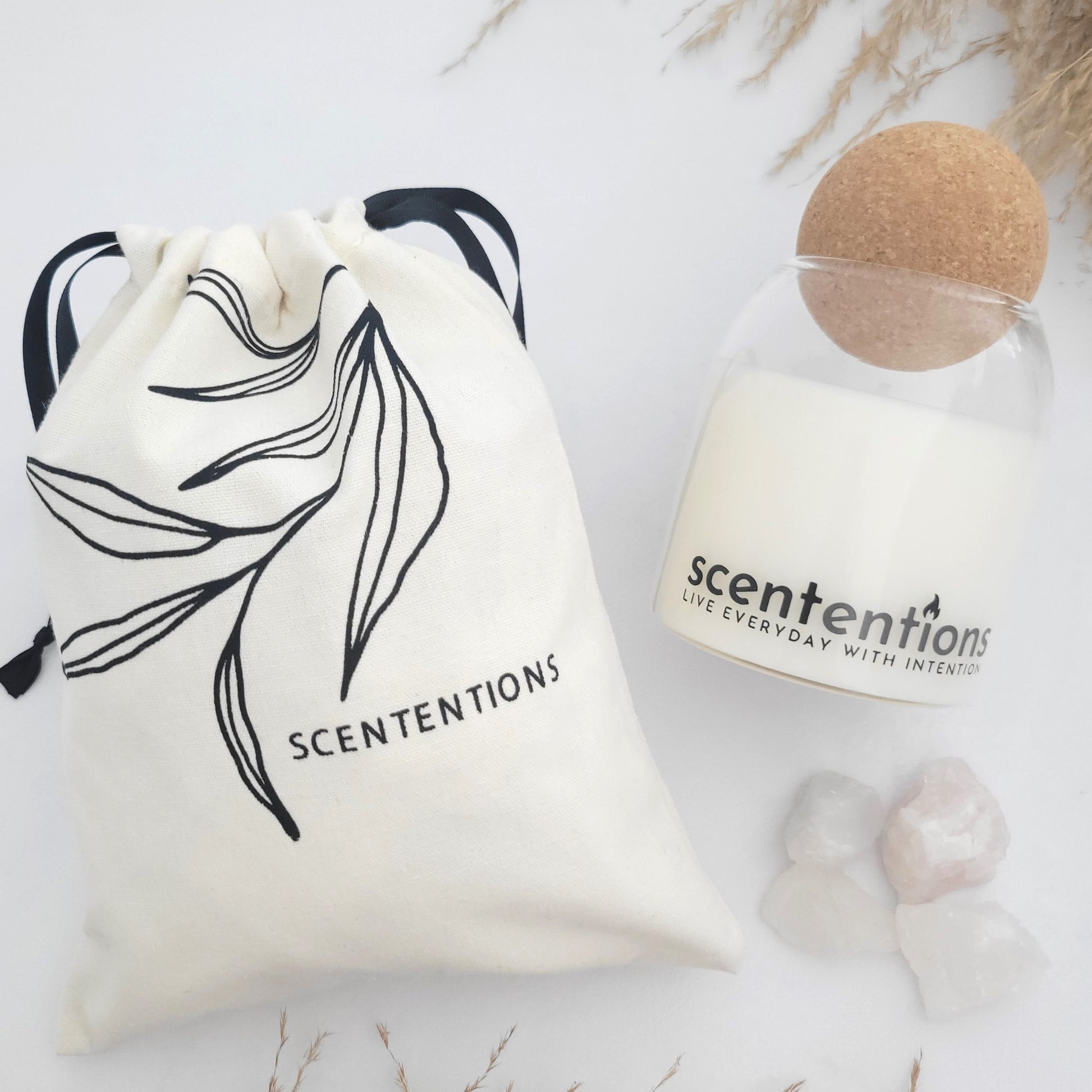 Organic coconut wax candle packaged in reusable canvas tote – clean, sustainable, and hand-poured by Scententions
