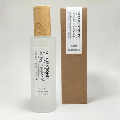 Bright + Balanced room and linen spray with packaging box on white background.