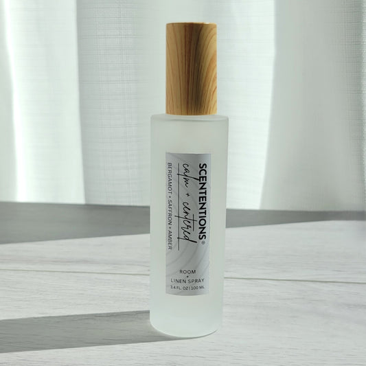 Scententions Calm + Centered room and linen spray, frosted glass bottle with wood cap