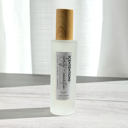 Scententions Clarity + Connection room and linen spray, frosted glass bottle with wood cap