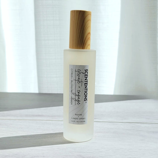 Scententions Elevate + Engage room and linen spray, frosted glass bottle with wood cap