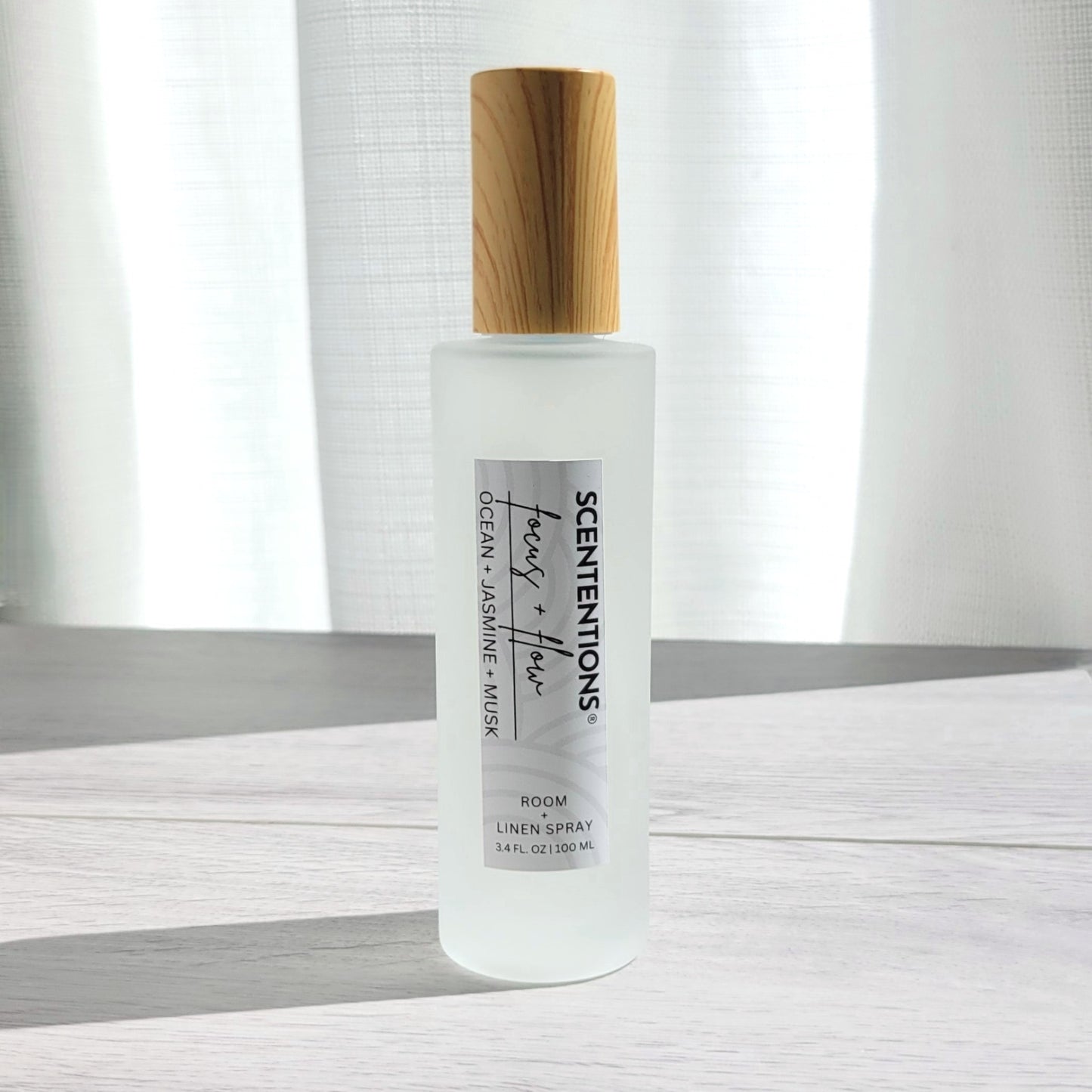 Scententions Focus + Flow room and linen spray, frosted glass bottle with wood cap