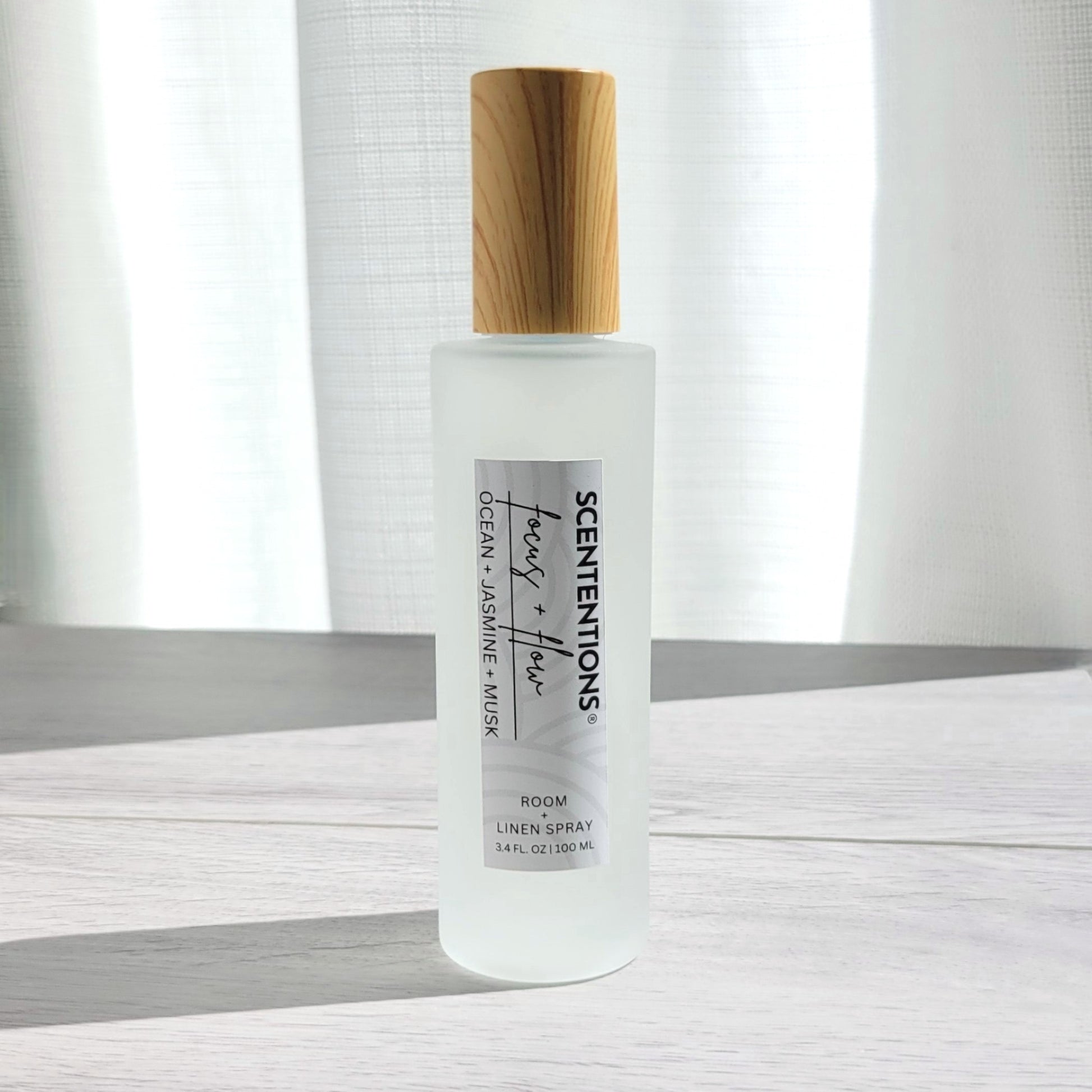 Scententions Focus + Flow room and linen spray, frosted glass bottle with wood cap