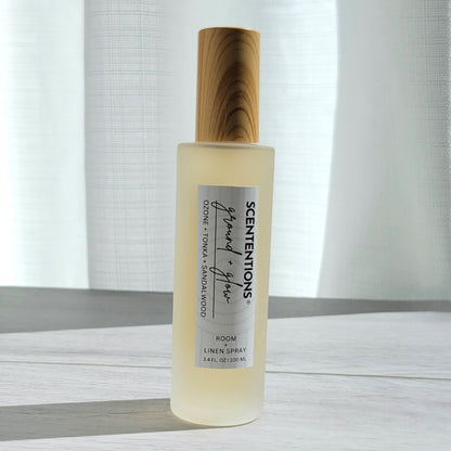 Scententions Ground + Glow room and linen spray, frosted glass bottle with wood cap