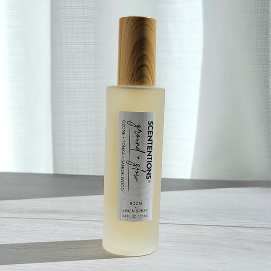 Scententions Ground + Glow room and linen spray, frosted glass bottle with wood cap