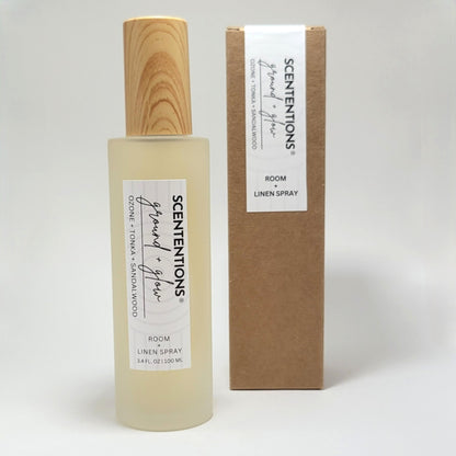 Ground + Glow room and linen spray with packaging box on white background.