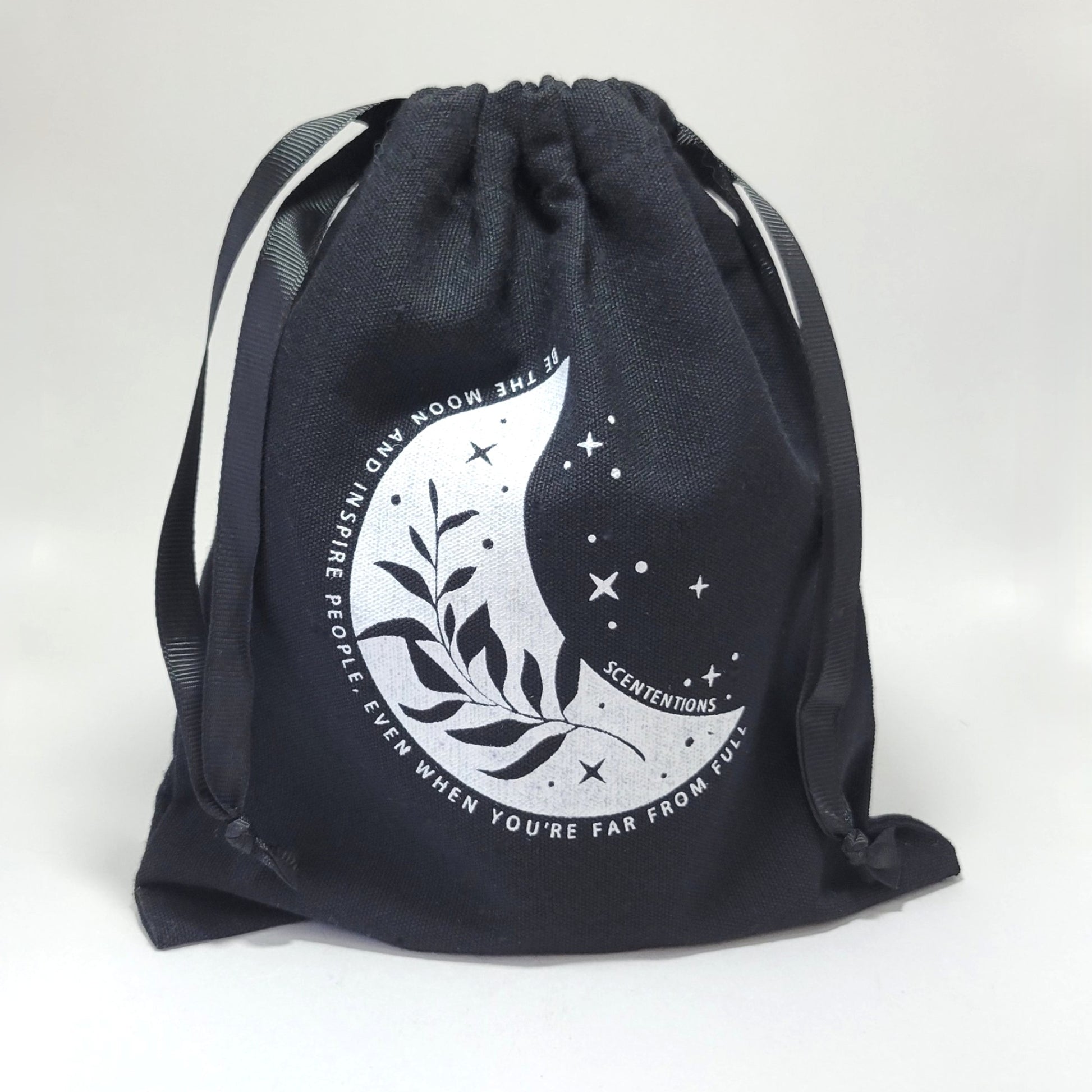 Scententions Moon Collection black canvas tote with moon graphic and inspirational quote.