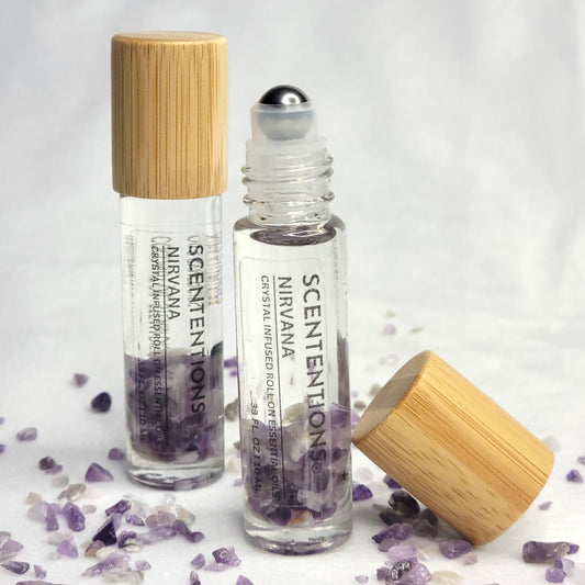 Nirvana crystal infused essential oil roll-on with bergamot, lavender, and clary sage scent