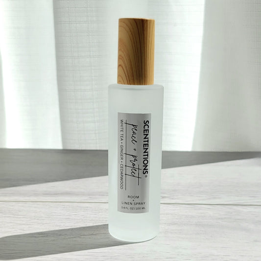 Scententions Peace + Protect room and linen spray, frosted glass bottle with wood cap